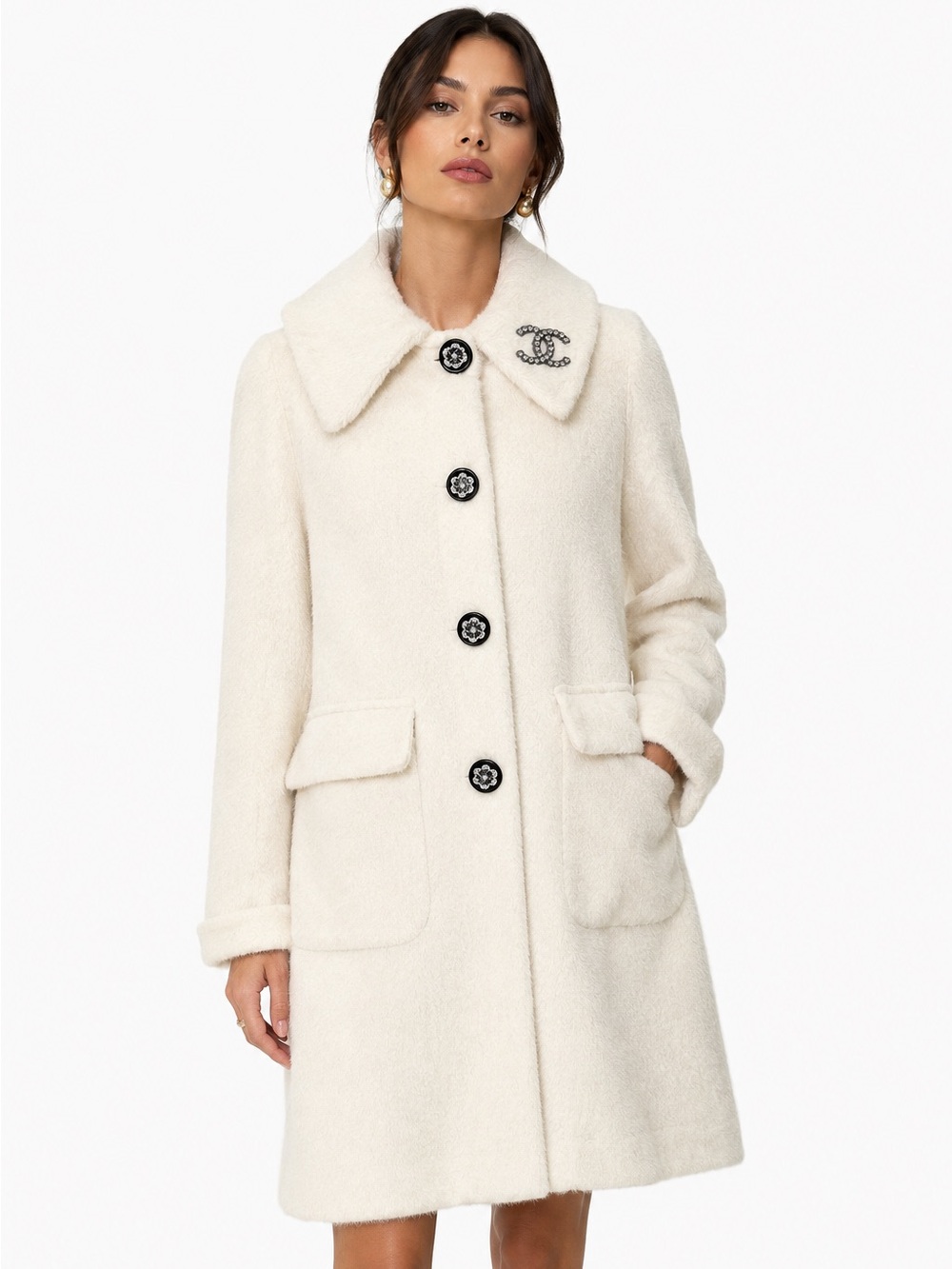 Chanel Vintage-Inspired Ivory Bouclé Couture Coat Parisian 60s Style Large